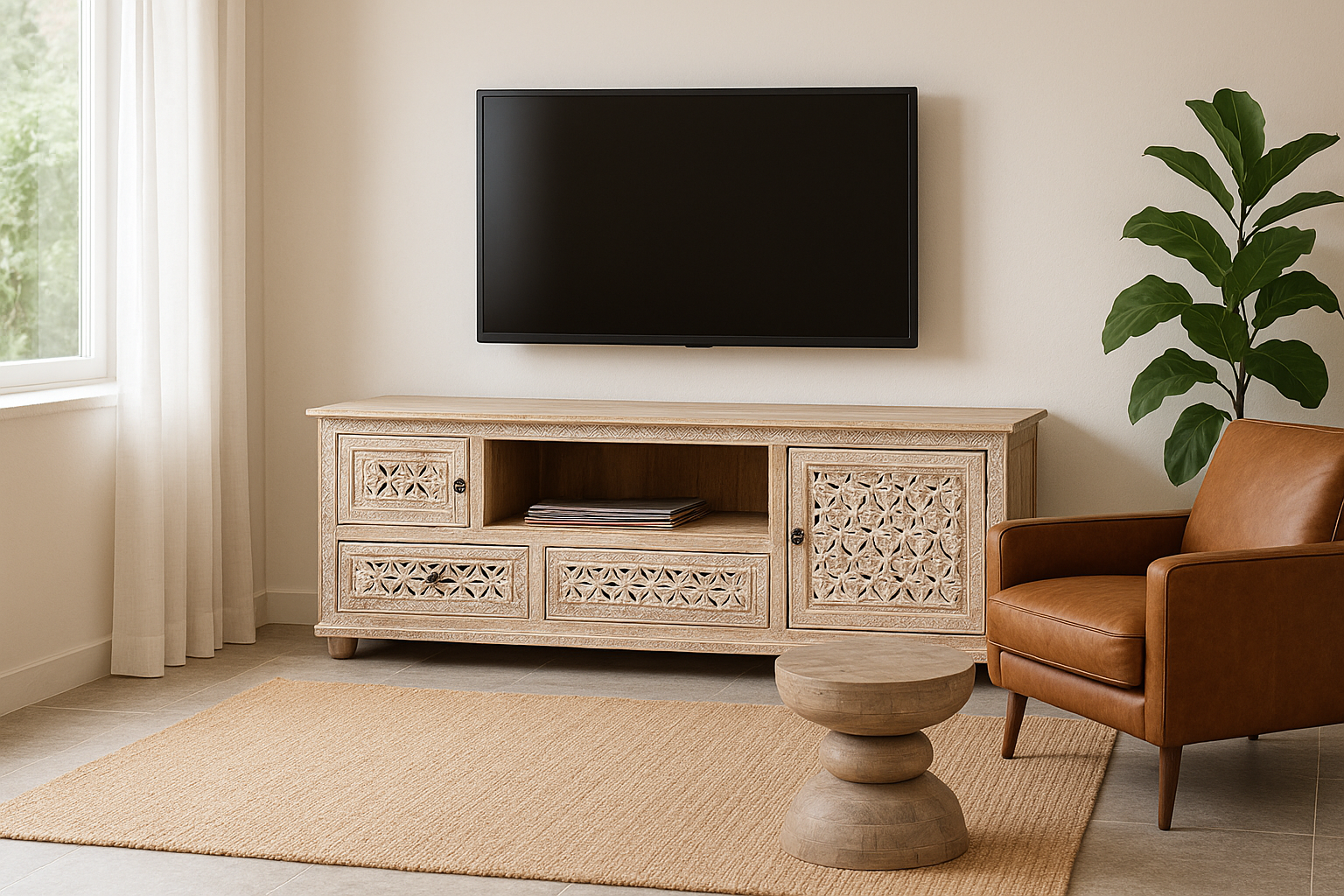 Lifestyle imagination of a hand-carved mango wood TV unit Pari in Mediterranean style, versatile living room furniture with drawers and compartments, 170 × 60 × 37 cm.