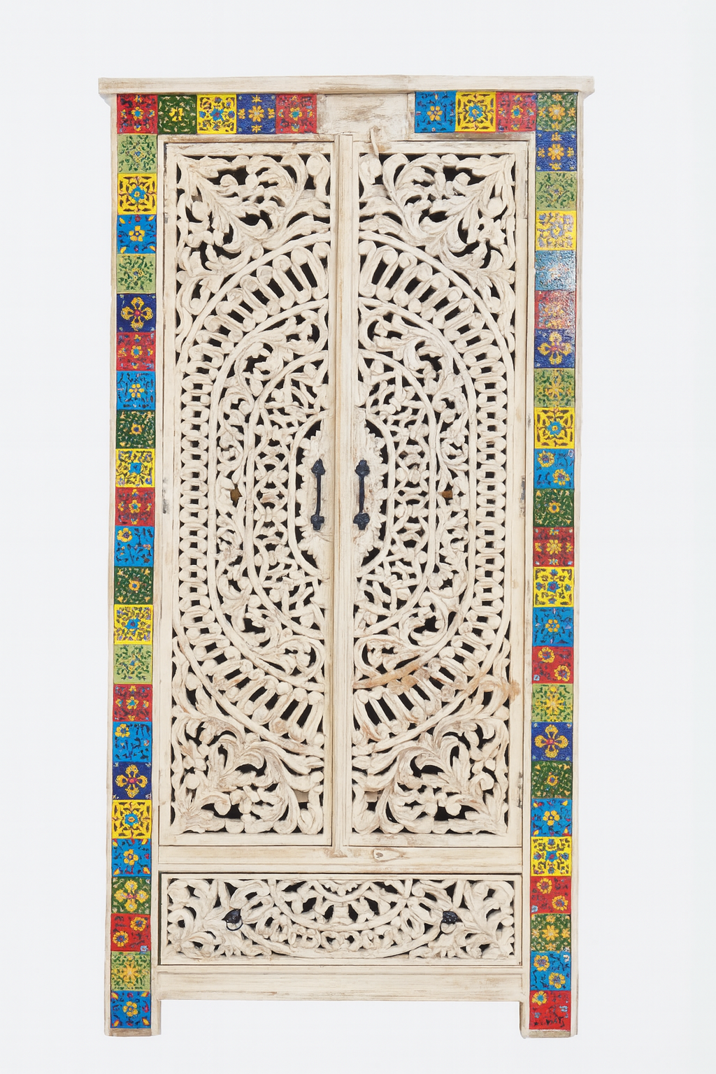 White background image of a Hand-carved mango wood cabinet with white-wash finish and ceramic detailing – artisanal furniture and carved wooden furniture with Mediterranean flair.
