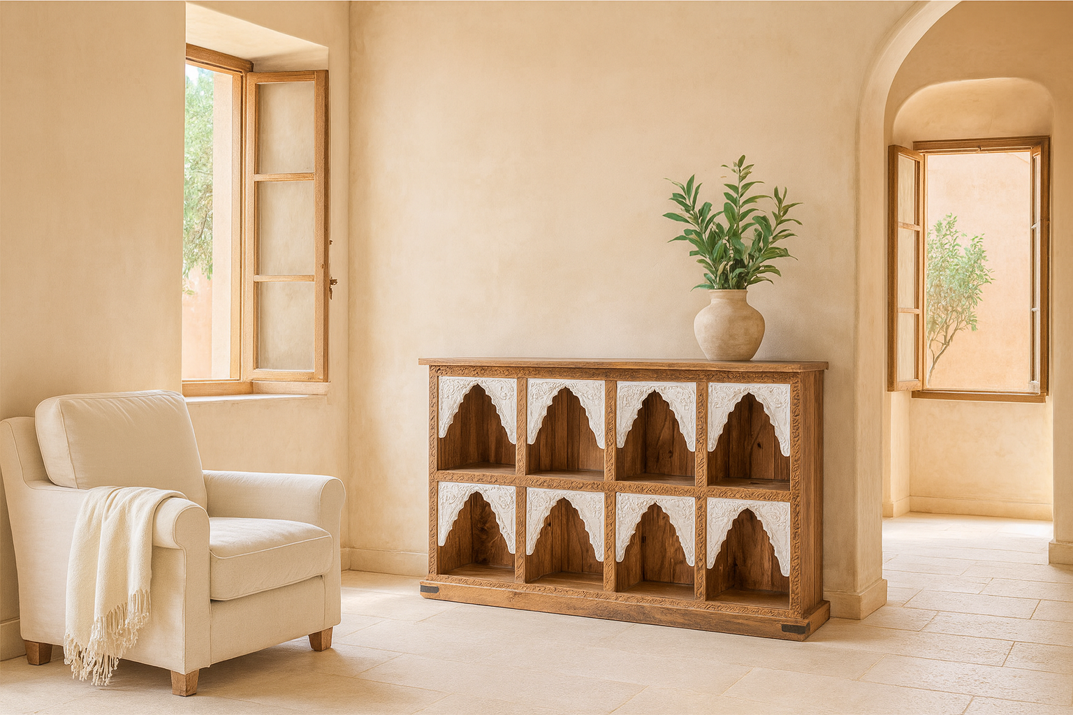 Lifestyle image of a hand-carved mango wood console table with floral patterns and whitewashed arches; ideal as entryway table vintage or carved console table, 200 × 110 × 37 cm.