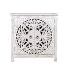 White background image of a white carved wood cabinet made from solid mango wood with hand-carved Indian motifs, 90 × 90 × 40 cm.