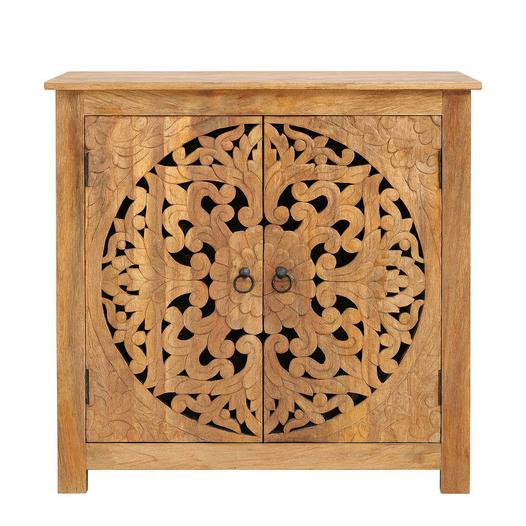 white background image of a carved wood furniture cabinet made from solid mango wood, Mediterranean-style with Indian floral carvings, 90 × 90 × 40 cm.
