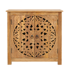 white background image of a carved wood furniture cabinet made from solid mango wood, Mediterranean-style with Indian floral carvings, 90 × 90 × 40 cm.