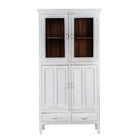 White background image of a shabby chic teak wood cabinet with glass doors, drawers, and compartments – sustainable living room furniture crafted from refurbished teak wood with a soft white finish.