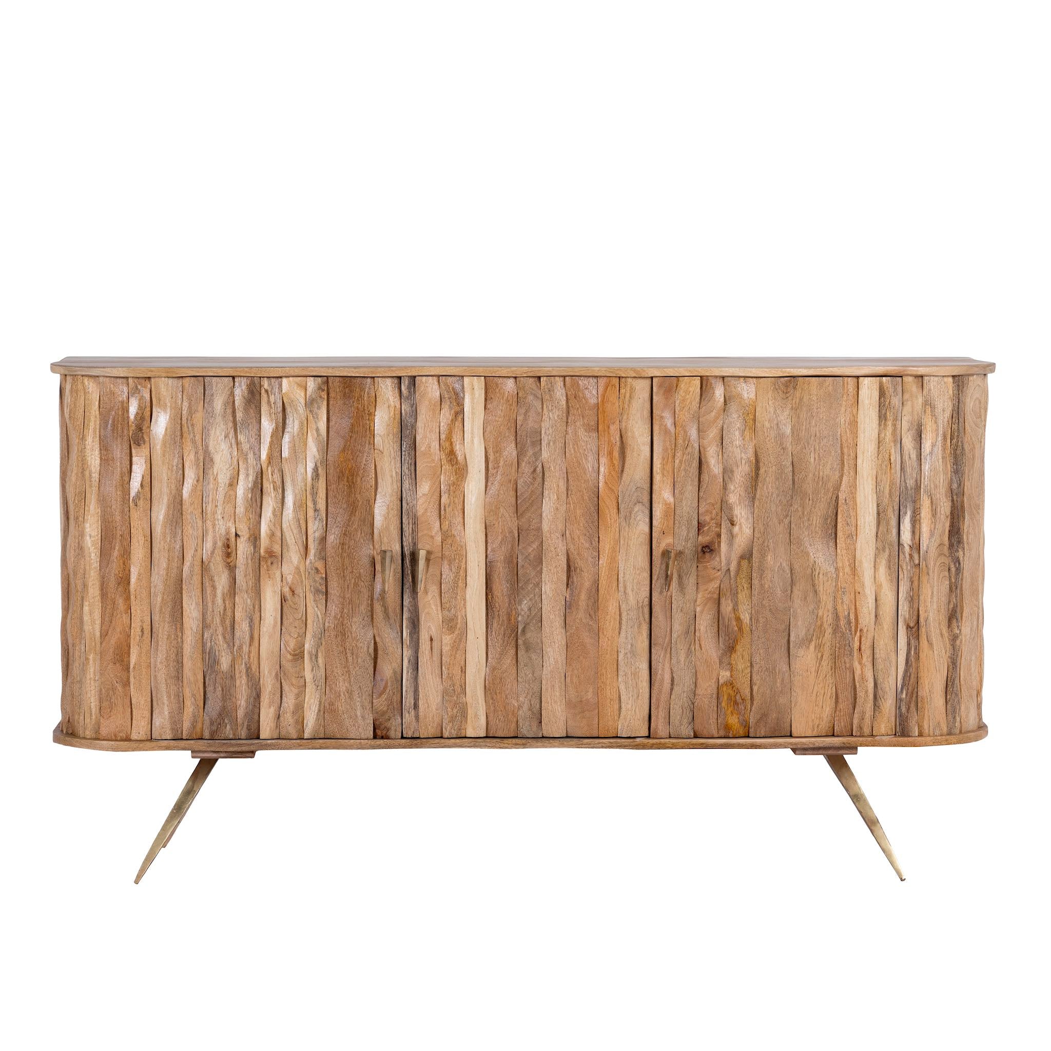 White background image of a handmade mango wood sideboard with live-edge design, brass-coated base, and handles—an artisanal furniture piece combining natural and modern elements.