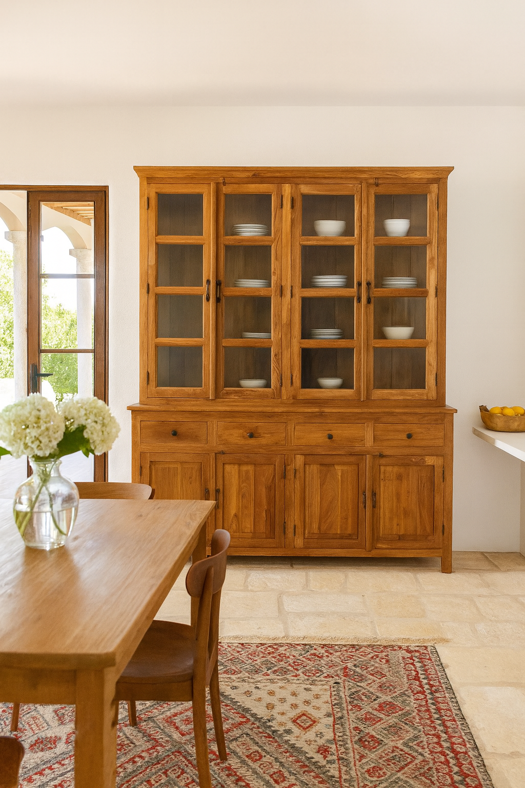 Lifestyle image of a two-part reclaimed teak wood cabinet with glass upper display and solid lower storage – timeless teak wood furniture for elegant dining room interiors.