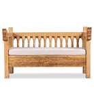 White background image of a reclaimed teak wood bench with horse-head carvings and hidden storage; sustainable double-seater with cushion, 150 × 93 × 77 cm.