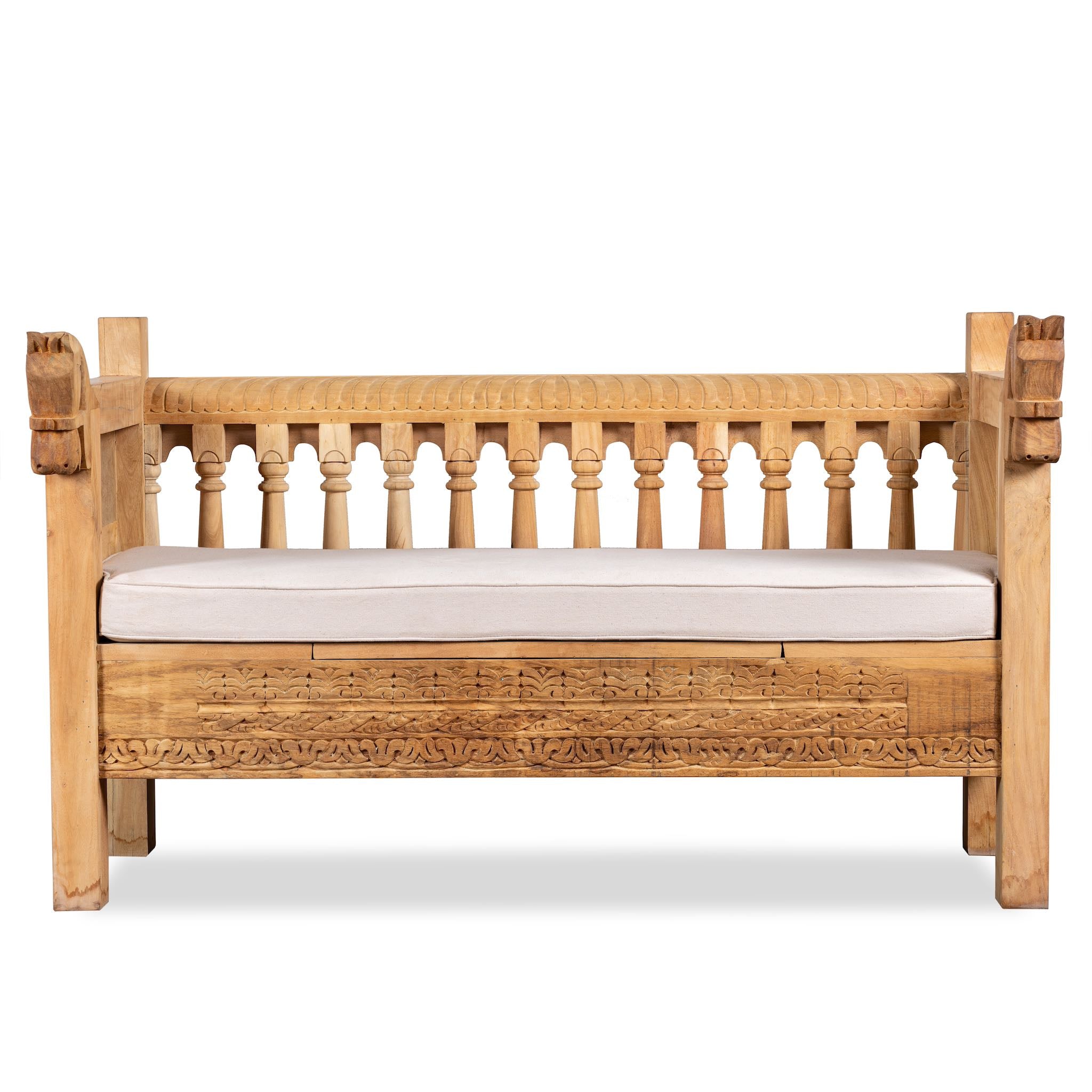 White background image of a reclaimed teak wood bench with horse-head carvings and hidden storage; sustainable double-seater with cushion, 150 × 93 × 77 cm.
