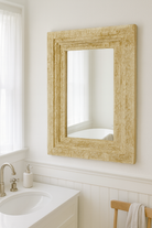 Lifestyle imagination of a vintage mango wood mirror with hand-carved frame; rectangular wall mirror, 76 × 102 cm.