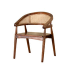 White background image of an acacia wood chair with curved frame and woven rattan backrest, elegant wooden armchair, 60 × 45 × 90 cm.