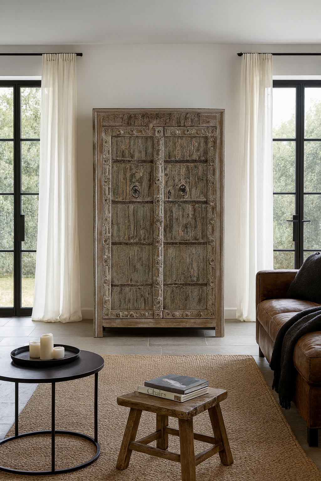 Lifestyle scene of a reclaimed wood wardrobe made with antique door panels – a handcrafted piece of old door furniture perfect for Indian home decor and rustic interiors.