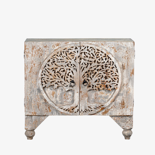 White background imagination of a mango wood cabinet under sink with carved tree design on front, 90 × 80 × 40 cm.