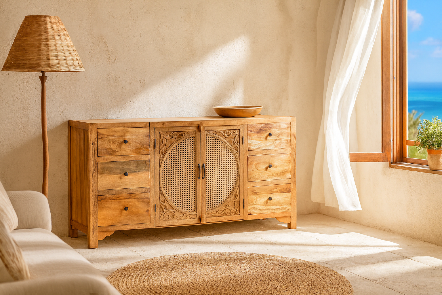 Wooden sideboard with decorative design in a sunlit room with a window view of the ocean.