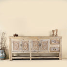 Antique console table wood with carved teak front, part of our teakwood tables collection.