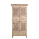 White background image of a handcrafted wooden carved wardrobe with antique panel doors – teak wood furniture with rustic charm and traditional detailing.