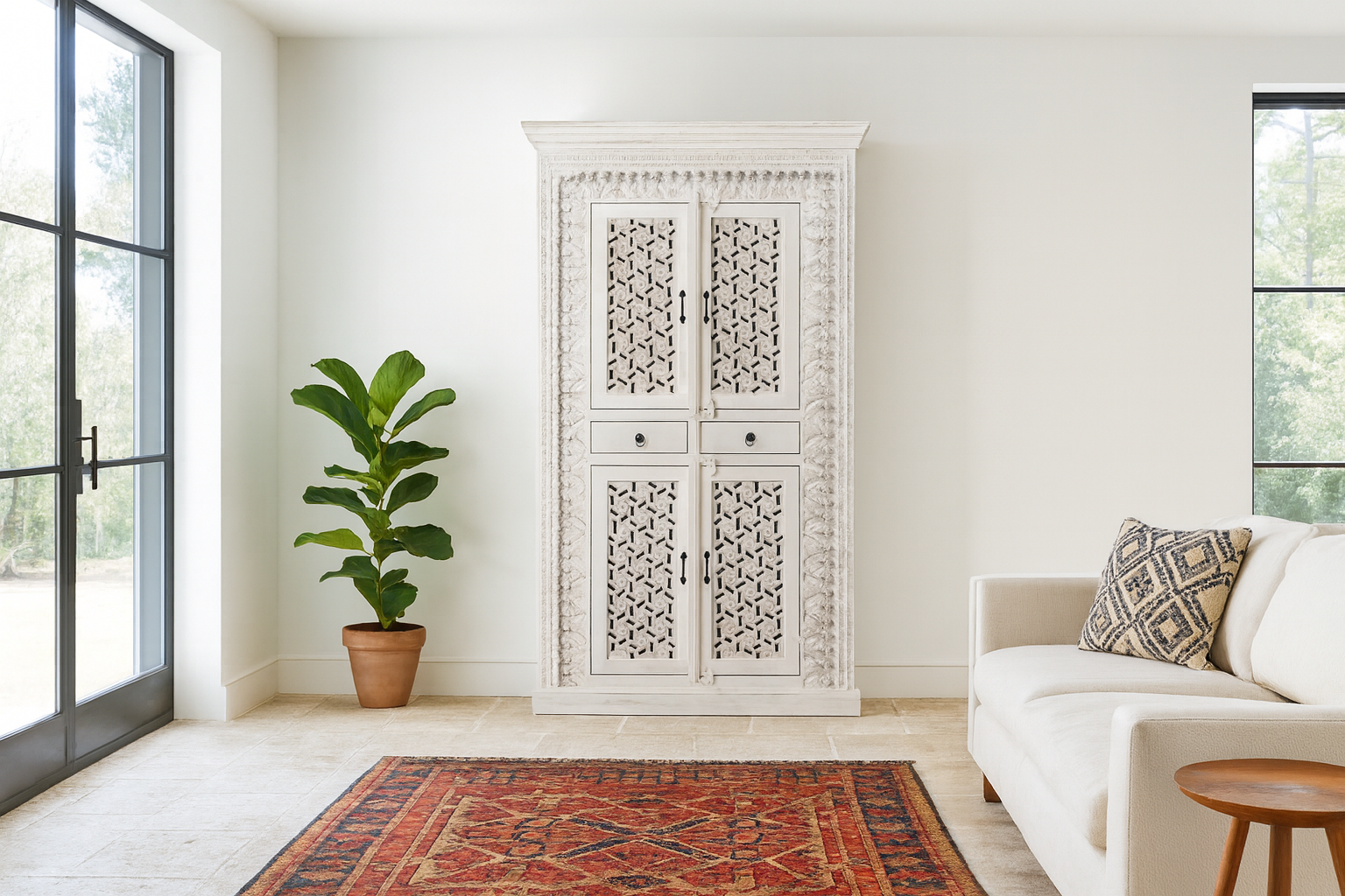 White cabinet with decorative patterns in a living room setting with a plant and sofa.