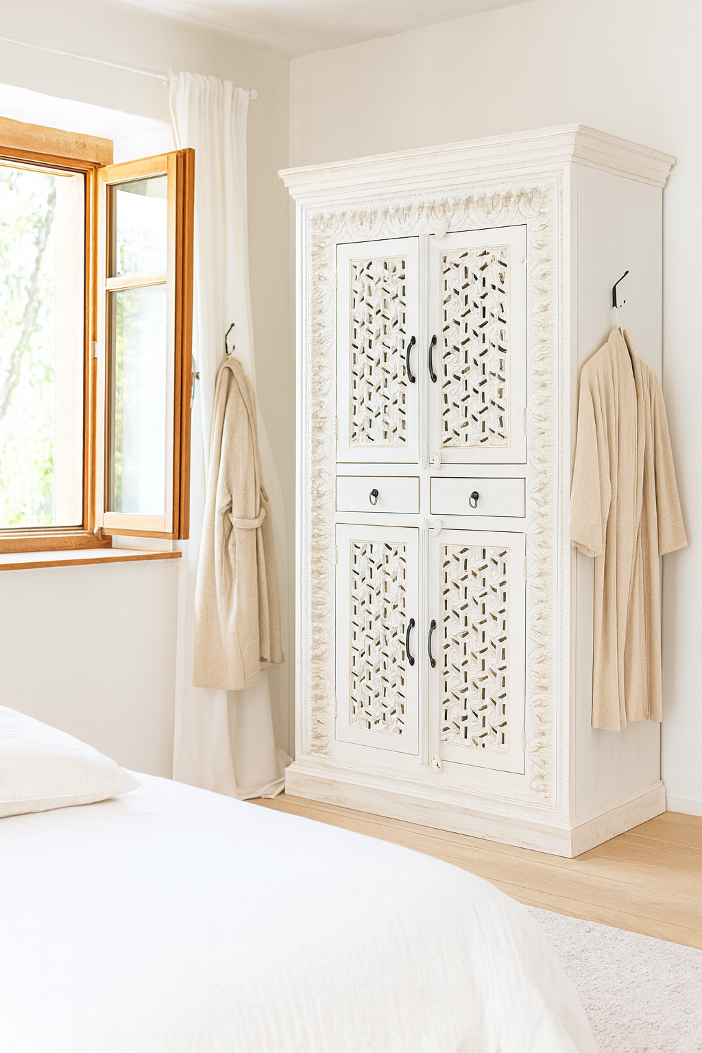 Hand-carved mango wood cabinet with shelving and whitewashed finish, bedroom furniture with floral and geometric motifs, 190 × 105 × 40 cm.