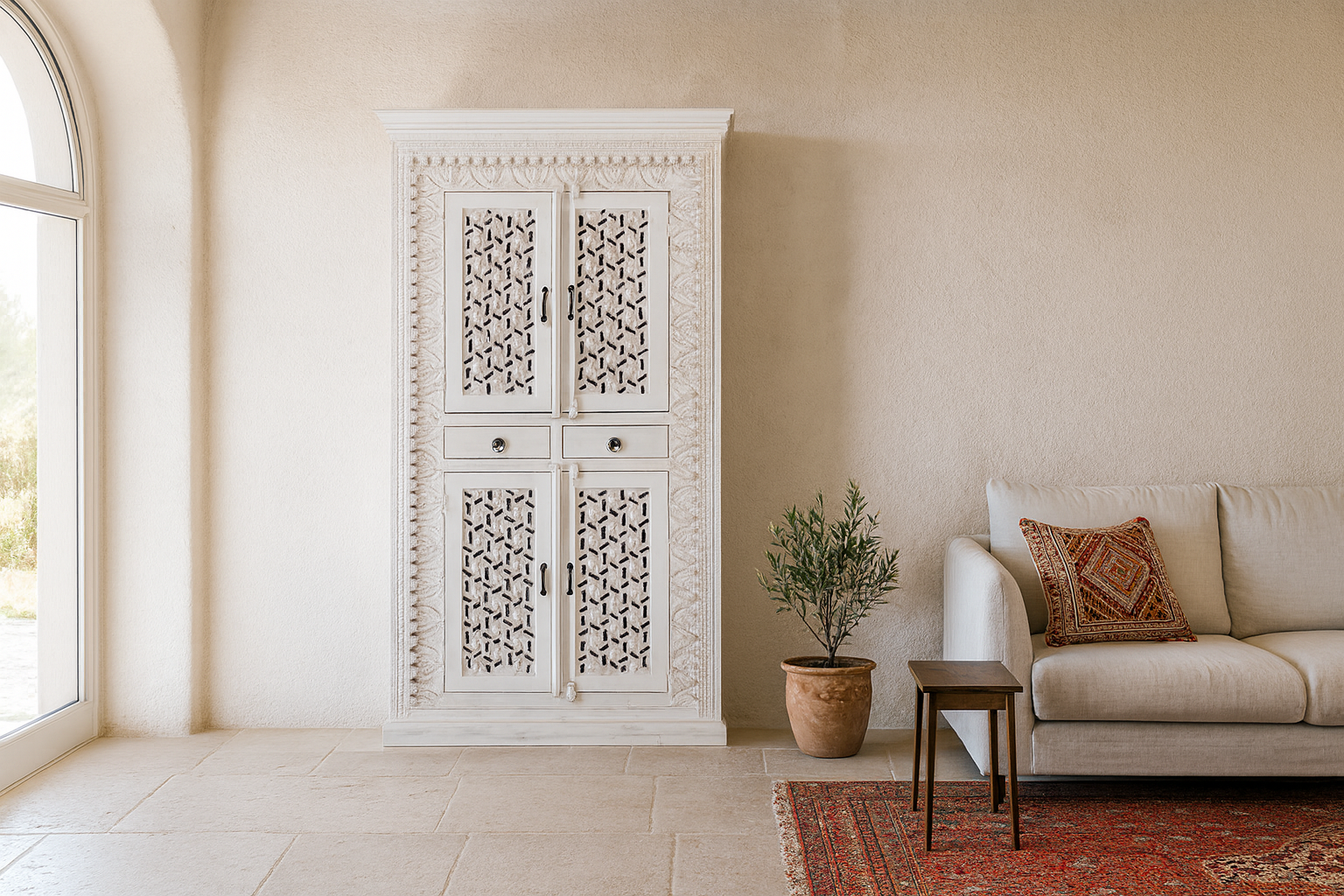 Life style imagination of a hand-carved mango wood cabinet with shelving and whitewashed finish, bedroom furniture with floral and geometric motifs, 190 × 105 × 40 cm.