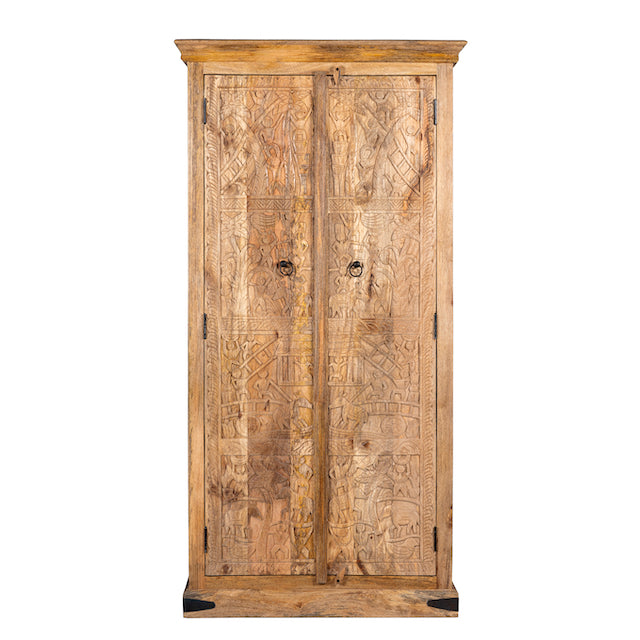 White background image of a hand-carved mango wood cabinet with traditional Indian village scenes – Rewalsar by Om Home & Garden, carved wooden furniture with cultural depth for bedroom interiors.