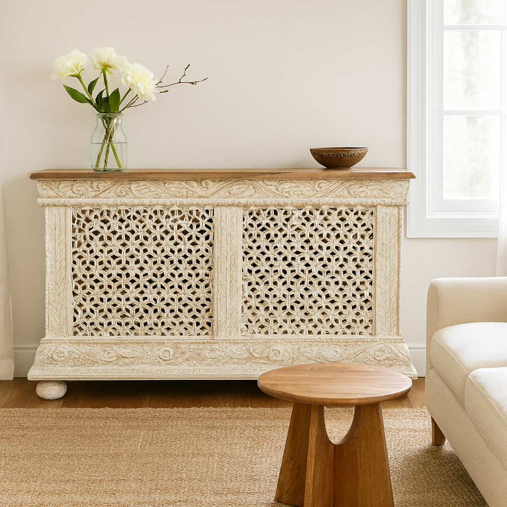 Lifestyle inspiration of a handcrafted mango wood carved console table with Indian motifs; vintage-style entryway table with storage shelf, 150 × 90 × 40 cm.
