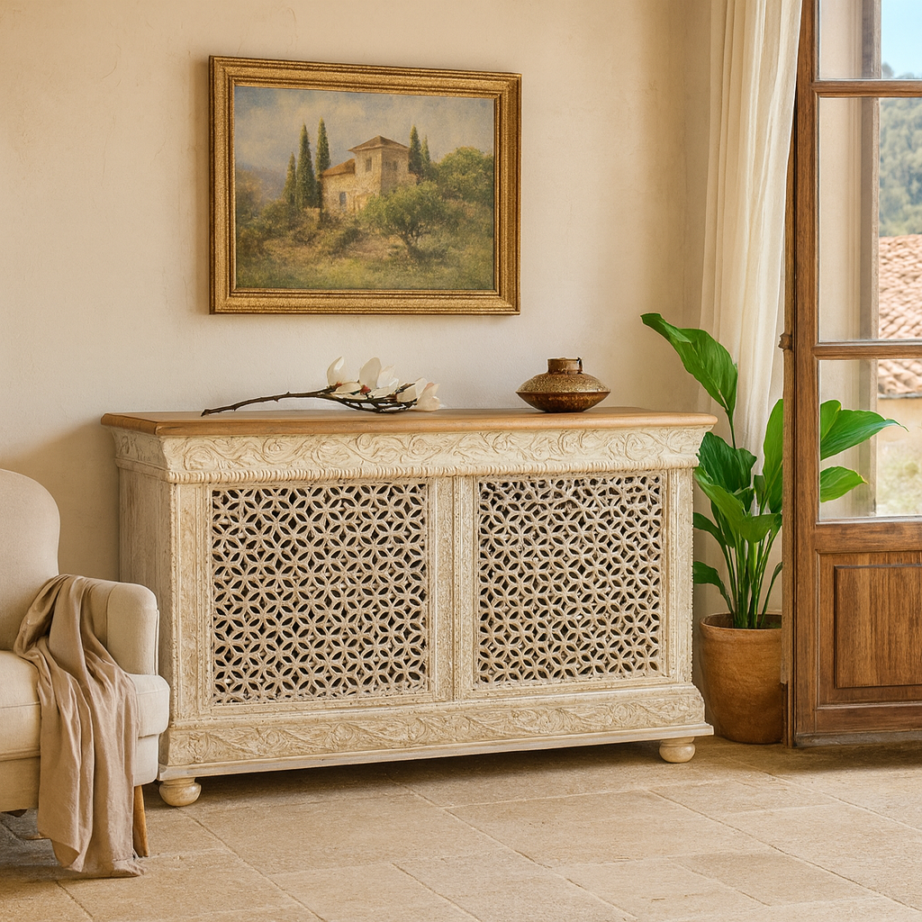 Handcrafted mango wood carved console table with Indian motifs; vintage-style entryway table with storage shelf, 150 × 90 × 40 cm.