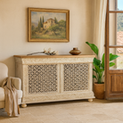 Handcrafted mango wood carved console table with Indian motifs; vintage-style entryway table with storage shelf, 150 × 90 × 40 cm.