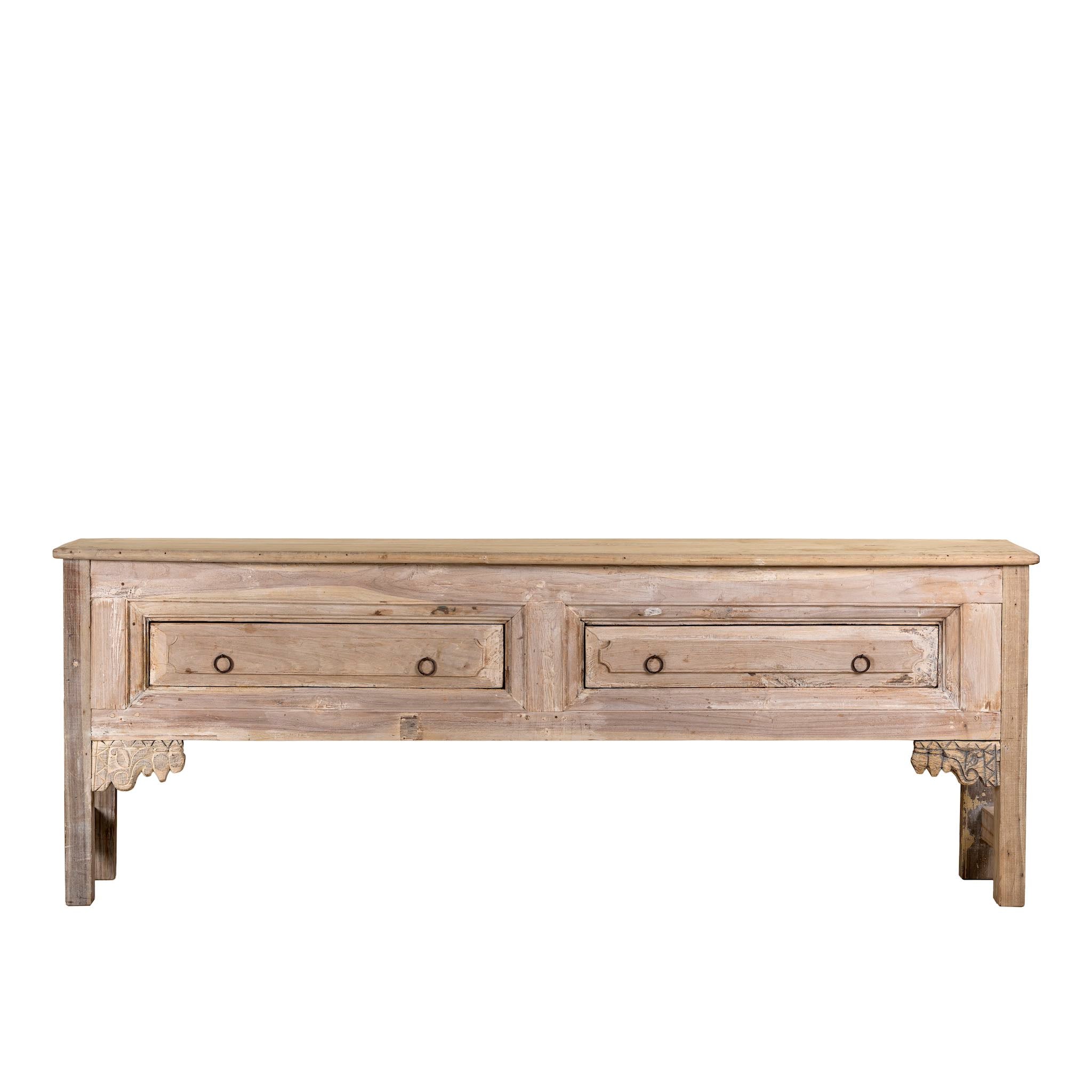 Wooden console table with two drawers on a white background