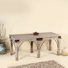 Teak wood dining table with six hand-carved pillar legs; reclaimed Indian dining table, 180 × 90 × 75 cm.