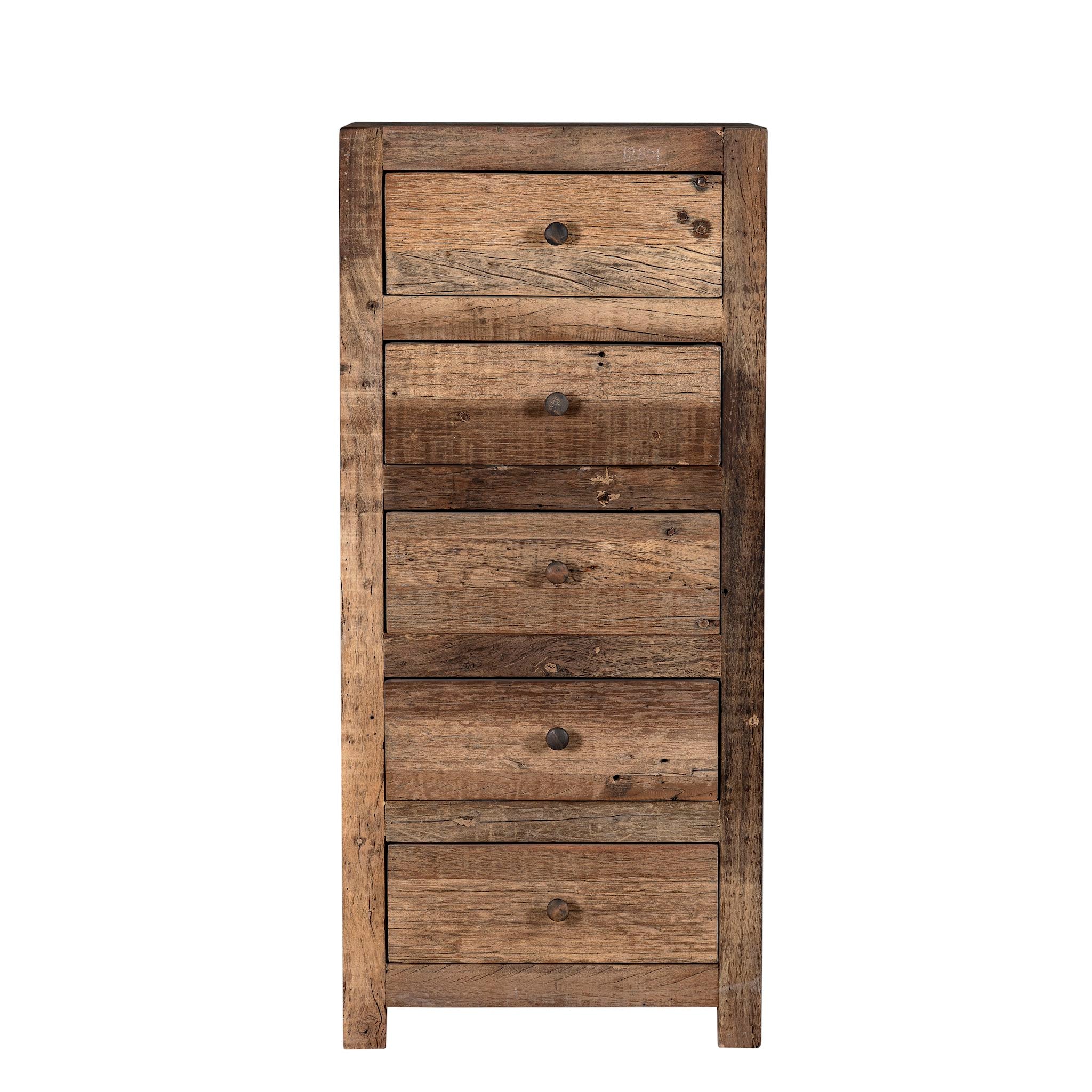 White background image of a  Wabi-Sabi style chest of drawers crafted from recycled old wood, featuring six drawers with a natural, weathered driftwood finish and visible wood grain variations.

