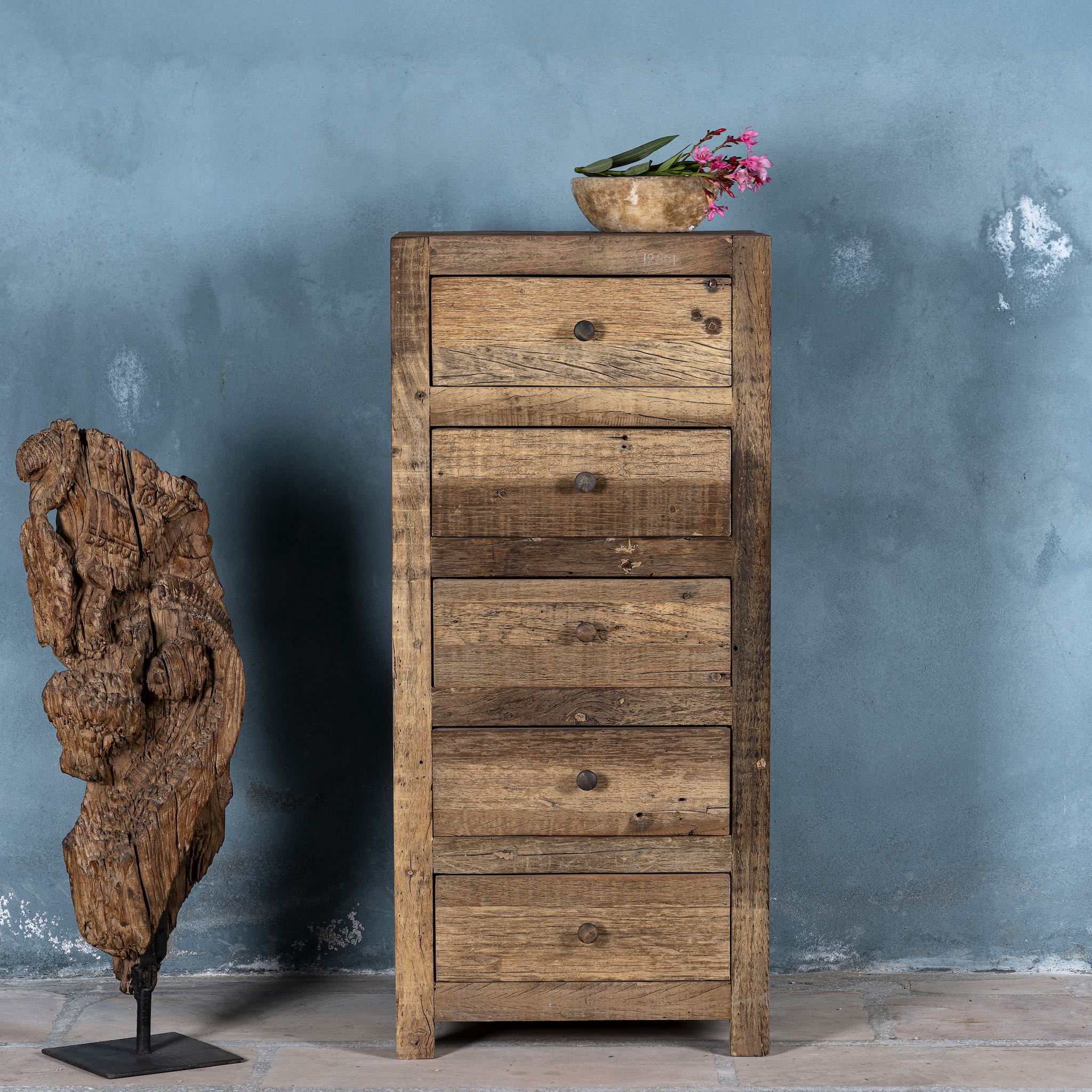 Front view image of a Wabi Sabi style chest of drawers crafted from recycled old wood, featuring six drawers with a natural, weathered driftwood finish and visible wood grain variations.


