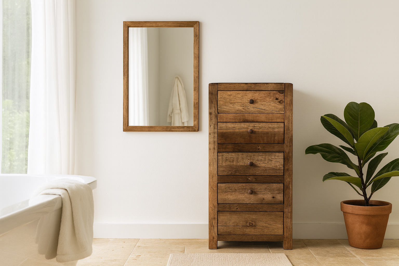 Lifestyle imagination of a tall bathroom cabinet made from reclaimed wood with six drawers and rustic finish, 50 × 35 × 110 cm.