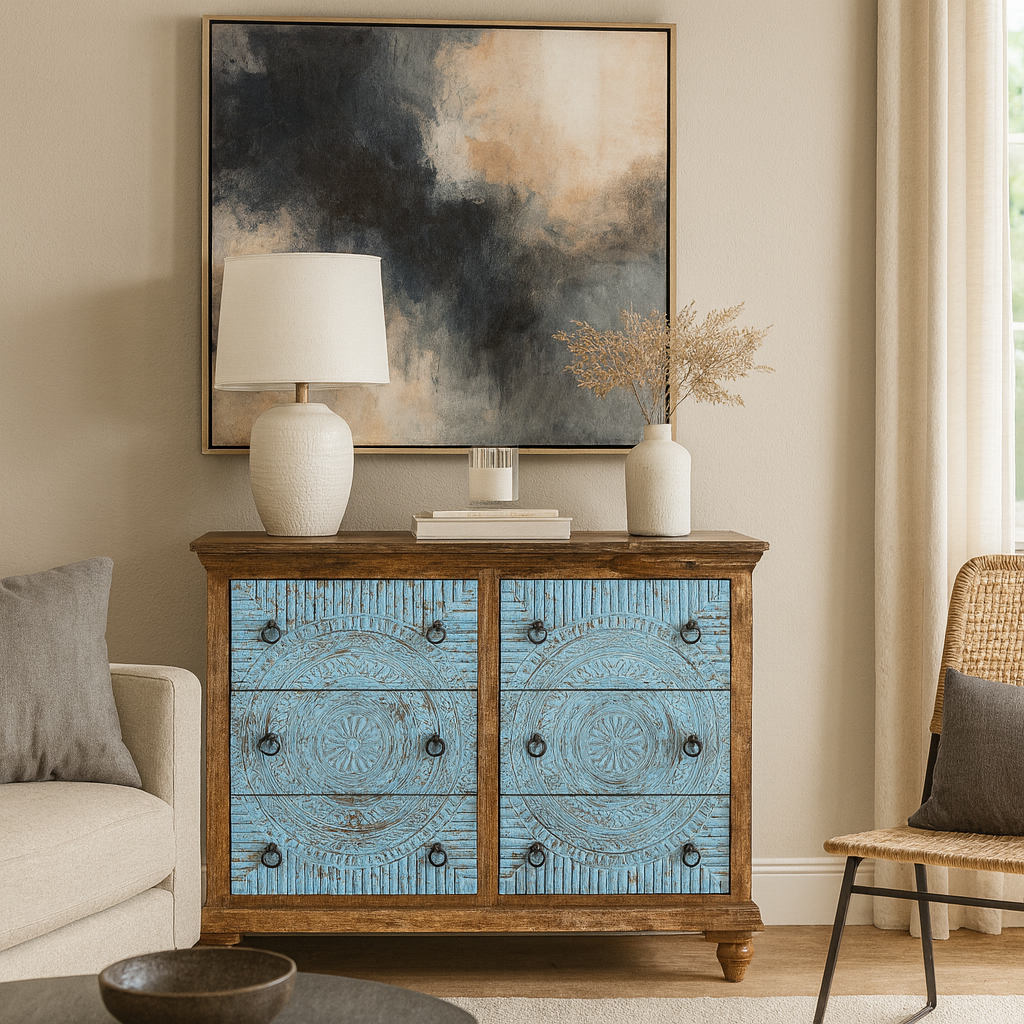 Hand-carved mango wood chest of drawers Safita with distressed blue finish and iron fittings, boho style living room furniture, 140 × 42 × 100 cm.