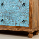 Hand-carved mango wood chest of drawers Safita with distressed blue finish and iron fittings, boho style living room furniture, 140 × 42 × 100 cm.