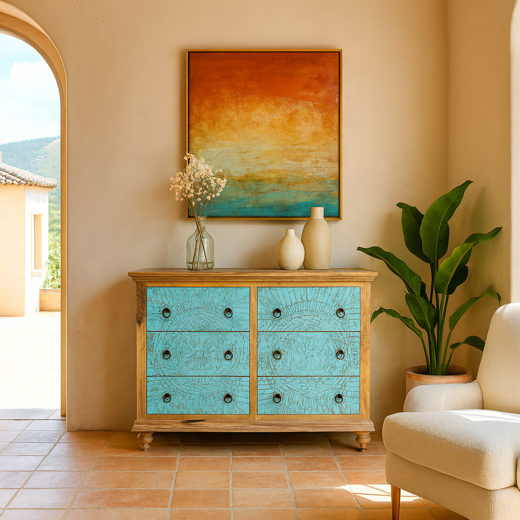 Hand-carved mango wood chest of drawers Safita with distressed blue finish and iron fittings, boho style living room furniture, 140 × 42 × 100 cm.