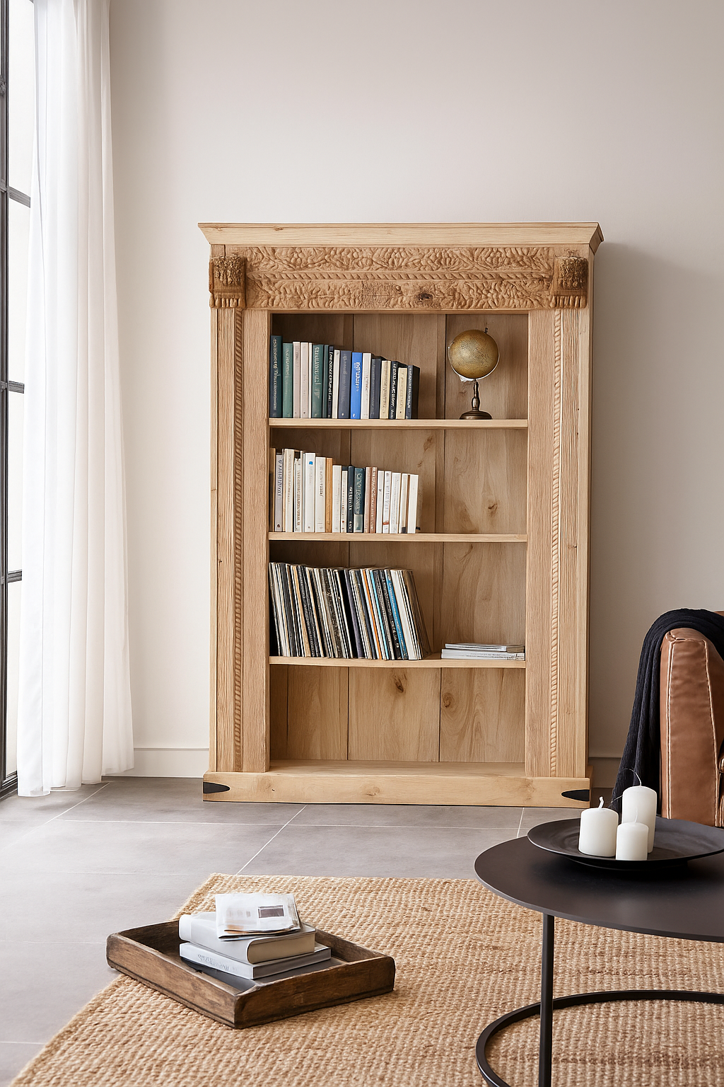 lifestyle image of a handcrafted shelf with reclaimed teak wood frame and mango wood body – unique Indian furniture with carved detailing and rustic teak wood finish.