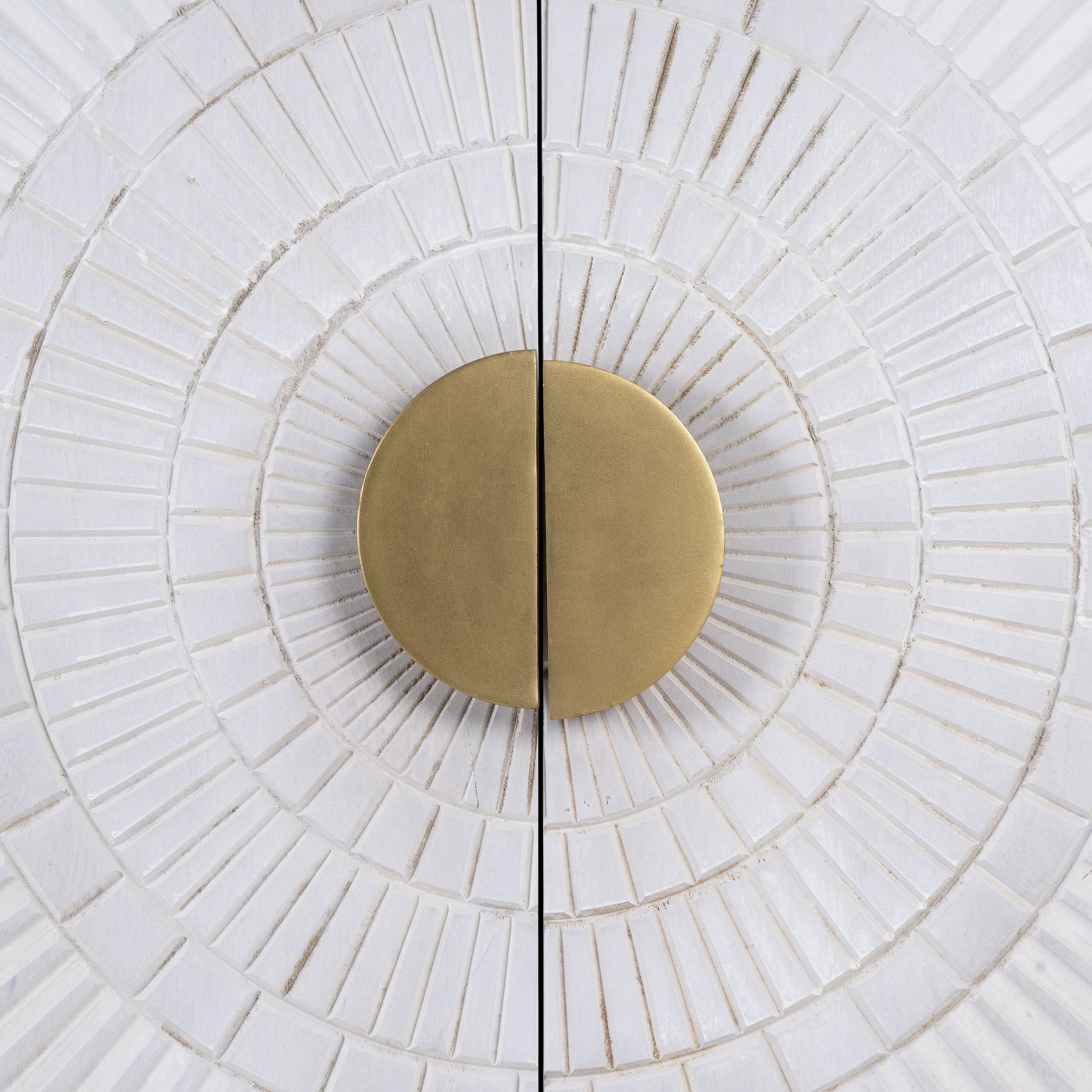 Close up image of a whitewashed mango wood buffet with carved lines and antique brass iron base, 90 × 120 × 42 cm.