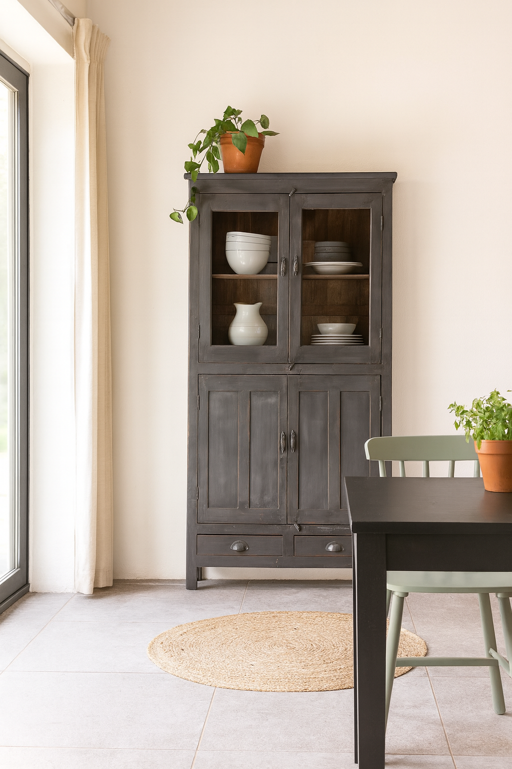 Lifestyle image of a shabby chic grey teak wood cabinet with glass doors and drawers – sustainable furniture for classic, rustic, or vintage interiors.