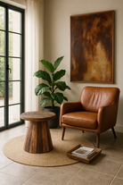 Lifestyle imagination of a sustainable driftwood coffee table with conical base, handcrafted from reclaimed wood with rustic minimalism, 45 × 54 cm.