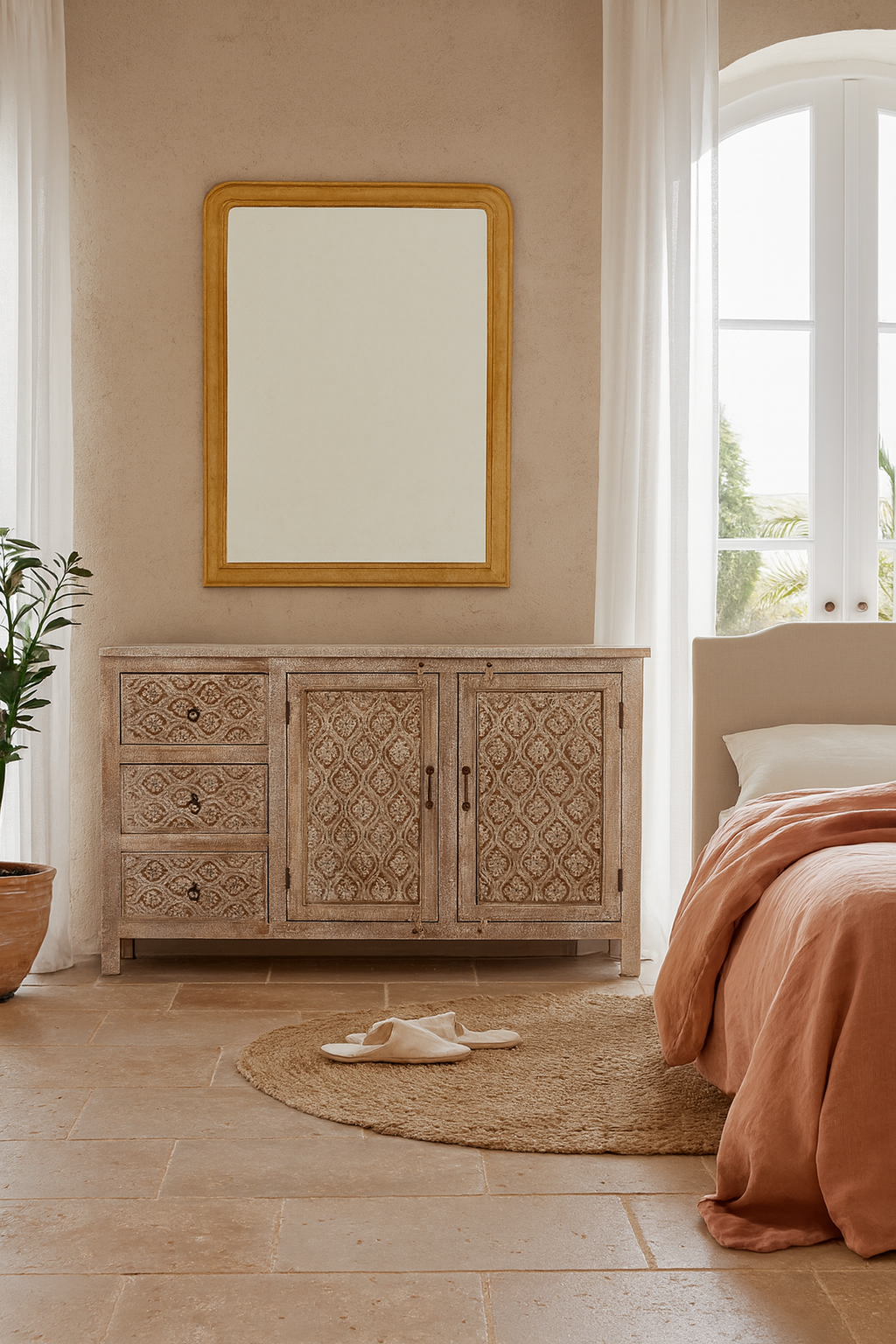 Lifestyle image of a hand‑carved vintage style mango wood sideboard with distressed floral lattice panels, 150 × 40 × 90 cm.
