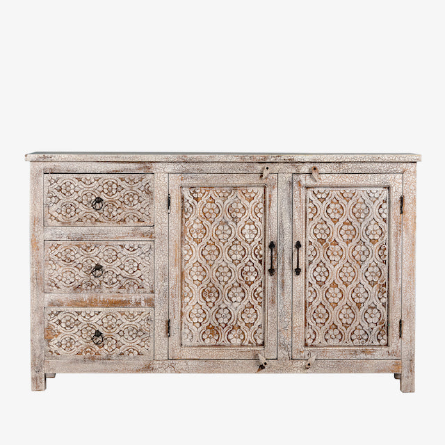 White background image of a hand‑carved vintage style mango wood sideboard with distressed floral lattice panels, 150 × 40 × 90 cm.