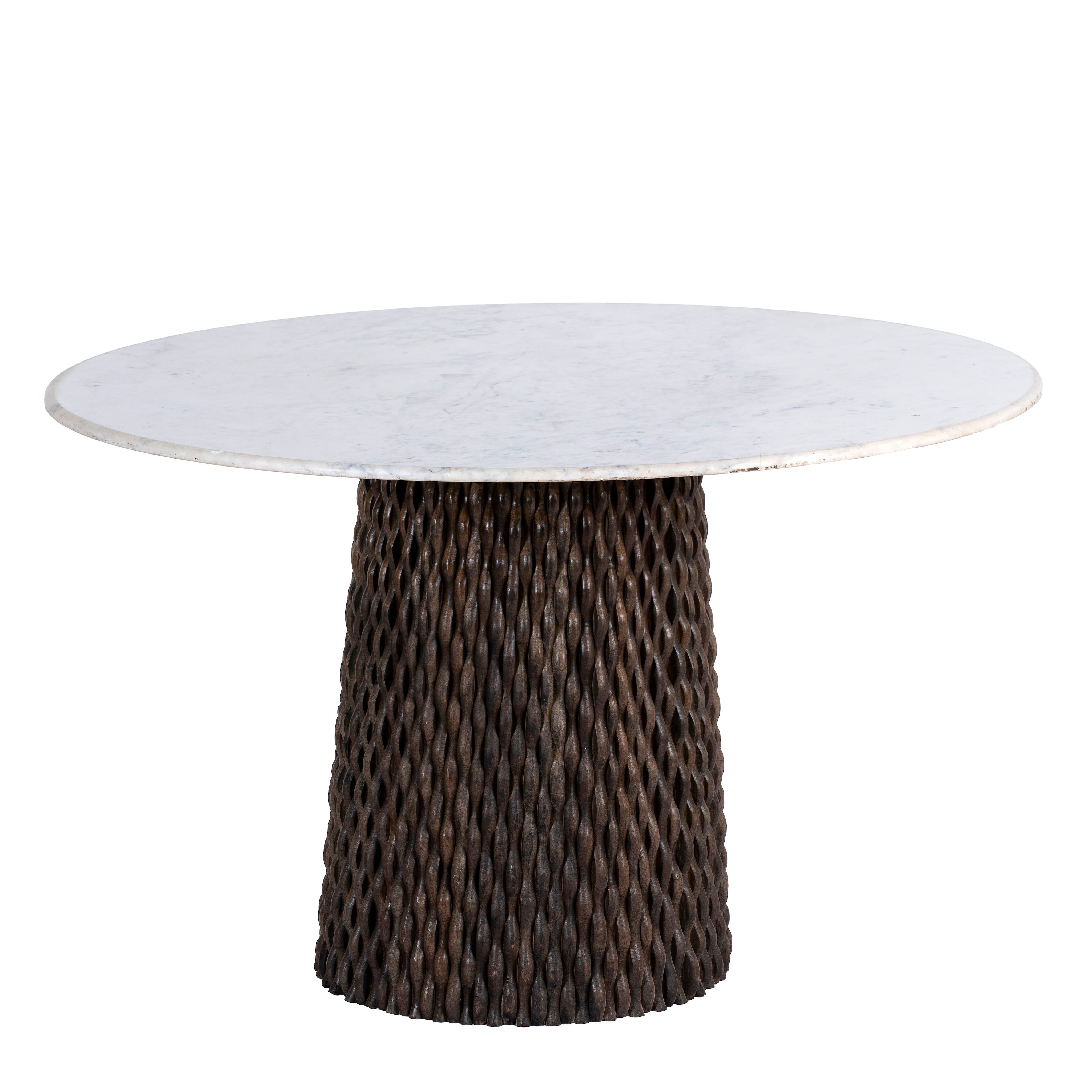 White background image of a round dining table with white marble top and solid mango wood base, handcrafted strip design; elegant marble furniture piece, 120 cm diameter × 72 cm height.