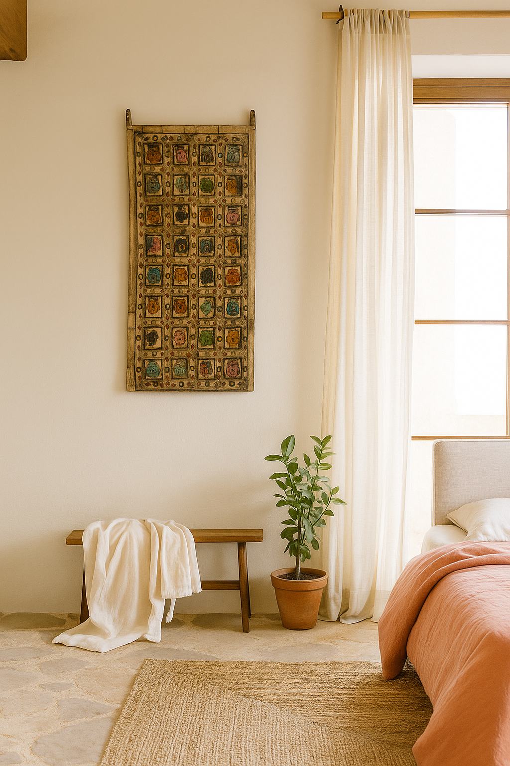 Lifestyle scene with a hand-painted wall panel made from an antique Indian door – an old door wall panel perfect for Indian home decor and cultural interiors.