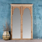 Large arched teak wall mirror in Boho style, repurposed from antique double window frame, part of our vintage furniture collection.