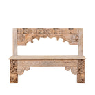 White background image of a Shraddha bench made from bleached reclaimed teak wood with intricate hand-carved floral details, showcasing traditional Indian craftsmanship and sustainable furniture design.