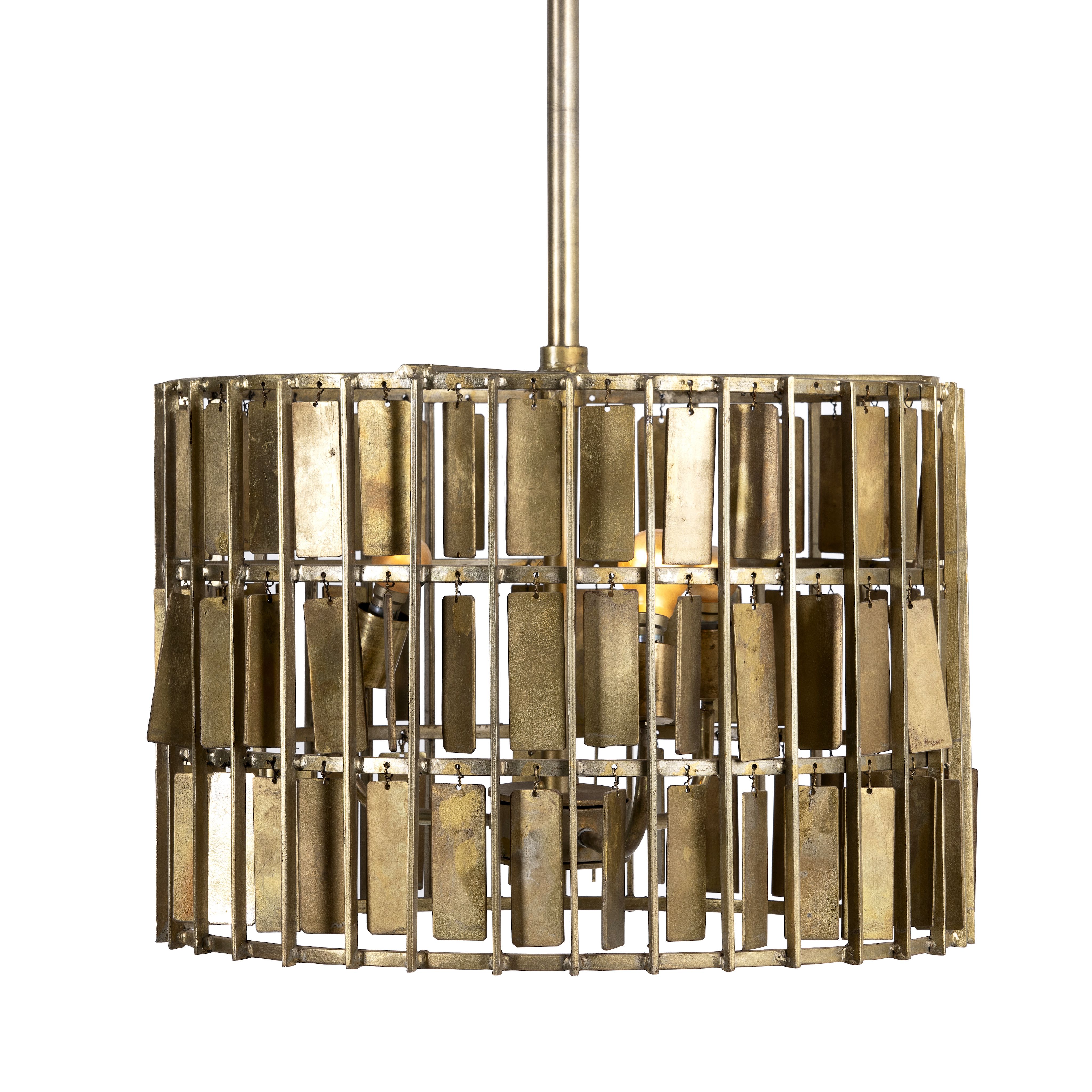 White background mage of a large round brass-plated iron pendant lamp with ornate tile surface – vintage lighting and iron pendant light ideal for dining rooms or living spaces.