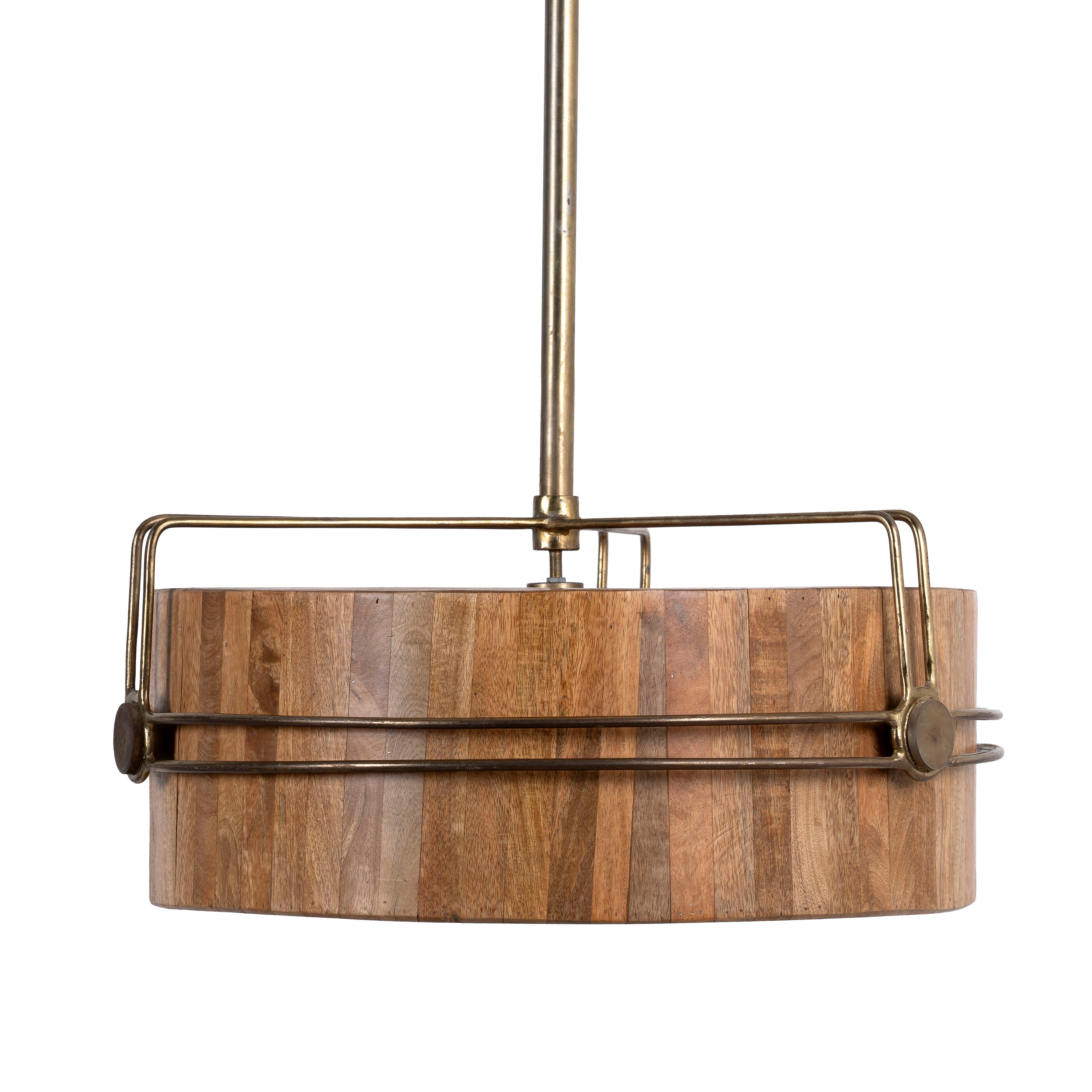 White background image of a rustic single light pendant lamp with Mango wood and antique brass iron frame – minimalistic style lighting ideal for dining tables, kitchen islands, or cozy living areas.