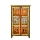 White background image of a hand-painted reclaimed wood cabinet with Indian gods, floral motifs, and distressed finish; unique furniture for vintage home decor, 90 × 40 × 150 cm.