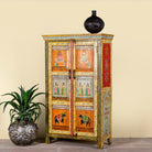 Side angle image of a hand-painted reclaimed wood cabinet with Indian gods, floral motifs, and distressed finish; unique furniture for vintage home decor, 90 × 40 × 150 cm.