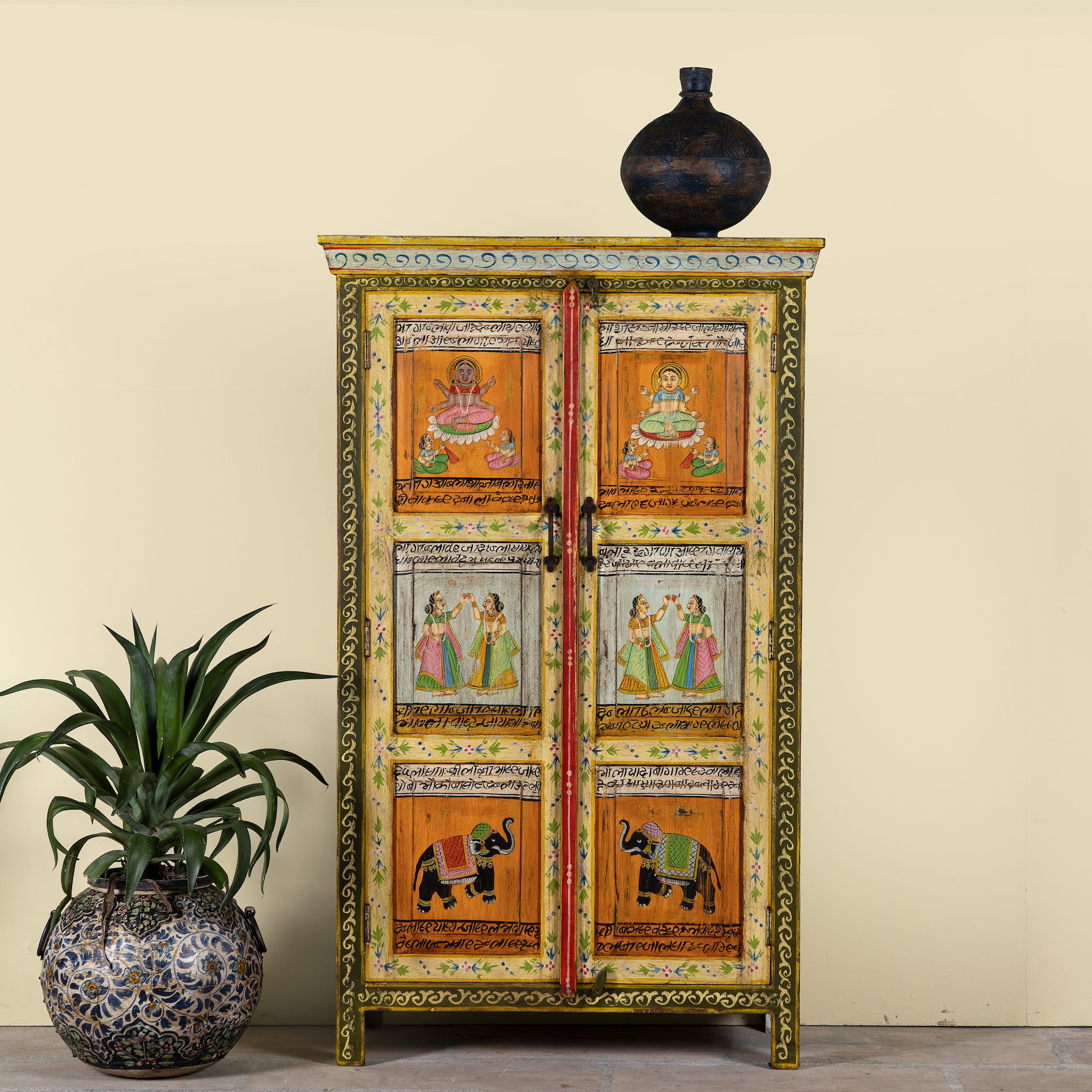 Hand-painted reclaimed wood cabinet with Indian gods, floral motifs, and distressed finish; unique furniture for vintage home decor, 90 × 40 × 150 cm.