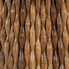 Close up image of a round marble top coffee table with handcrafted mango wood base in strip design; wooden base coffee table, 80 cm diameter, 44 cm height.