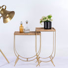 Metal base side table with U-shaped brass-coated iron frame and mango wood tray top; wooden top side table, 38 × 38 × 75 cm.